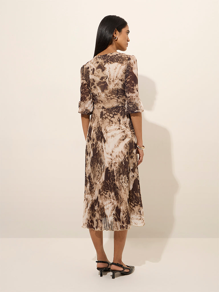 Wardrobe Brown Abstract Printed A-Line Dress - Image 4