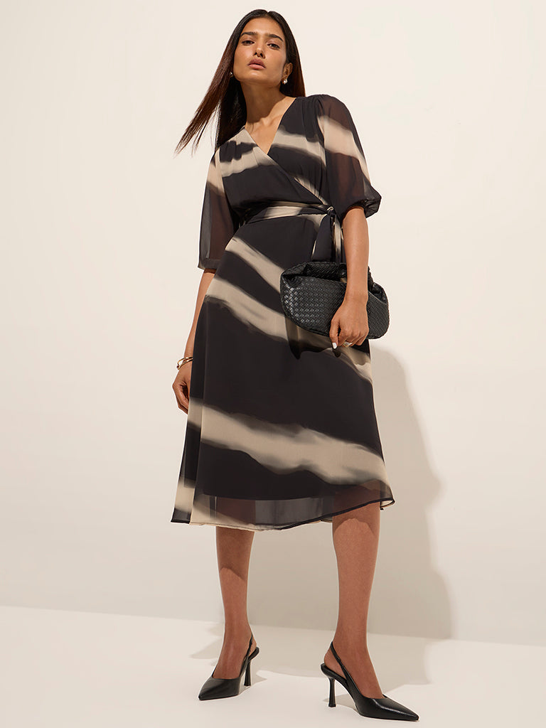 Wardrobe Black Printed A-Line Belted Dress - Image 3