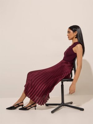 Wardrobe Burgundy Accordion Pleated High-Rise Skirt