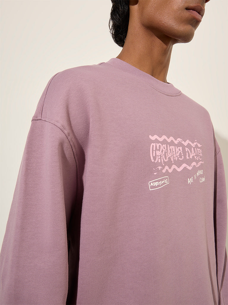 Nuon Lilac Text Design Relaxed-Fit Cotton Sweatshirt - Image 2