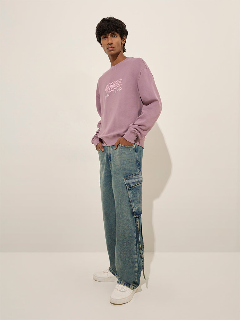 Nuon Lilac Text Design Relaxed-Fit Cotton Sweatshirt - Image 3