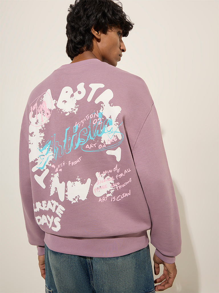 Nuon Lilac Text Design Relaxed-Fit Cotton Sweatshirt - Image 4