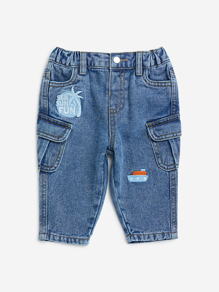 HOP Baby Blue Cargo-Style Relaxed-Fit Mid-Rise Jeans