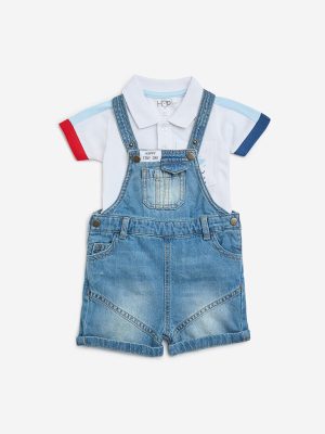HOP Baby White Cotton Polo T-Shirt and Dungaree Set