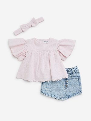 HOP Baby Light Pink Cotton Top. Skorts and Headband Set