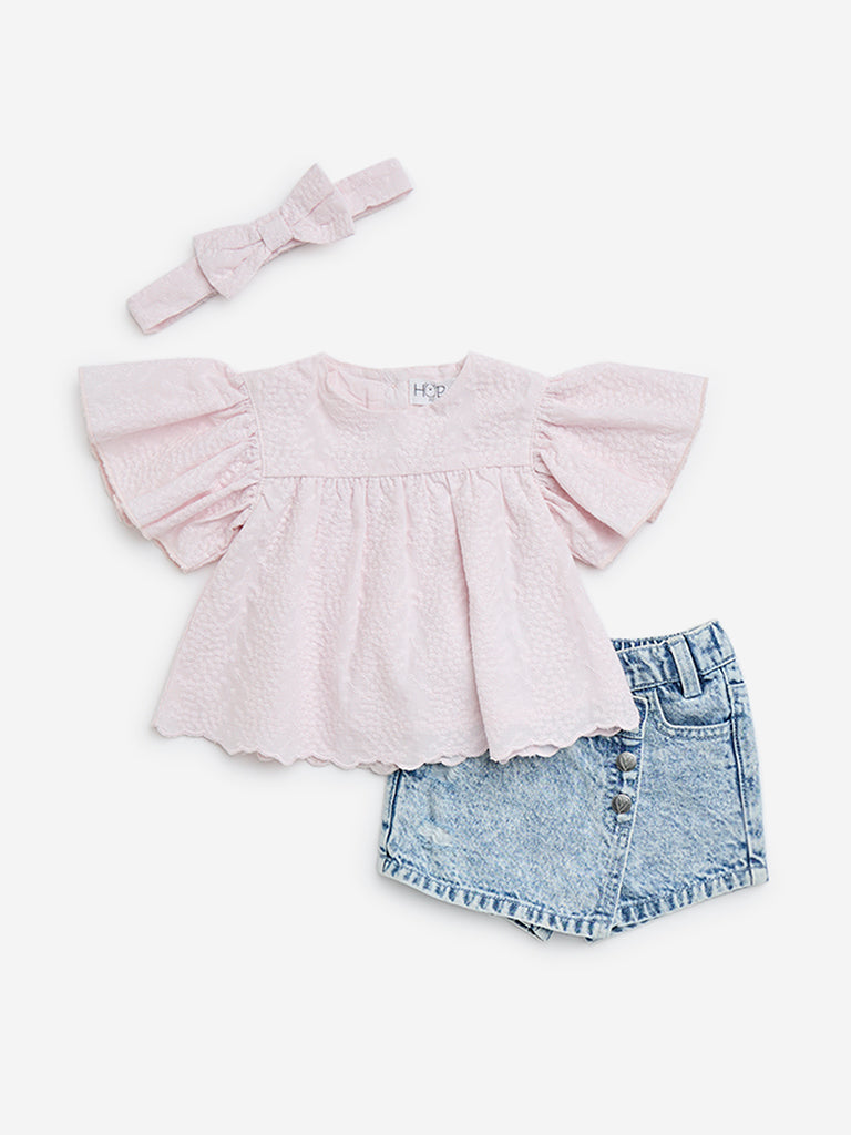 HOP Baby Light Pink Cotton Top. Skorts and Headband Set