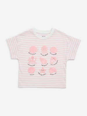HOP Kids Light Pink Stripe Printed Cotton T-Shirt