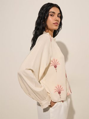 Bombay Paisley Peach Floral Embroidered Cotton Top