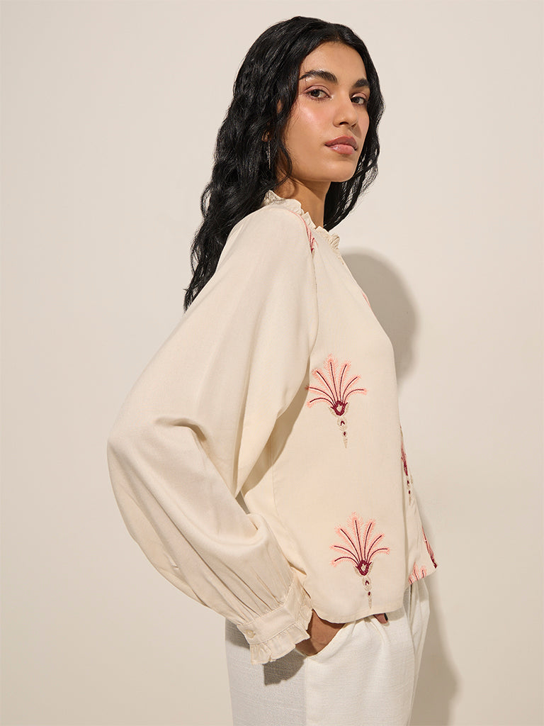 Bombay Paisley Peach Floral Embroidered Cotton Top