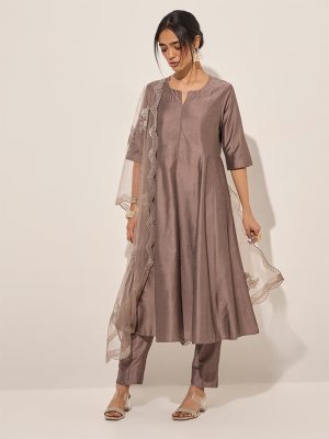 Vark Brown A-Line Kurta. Ethnic Pants and Dupatta Set