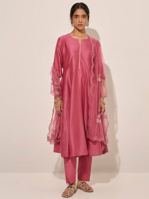 Vark Pink Fit and Flare Kurta. Pants and Dupatta Set