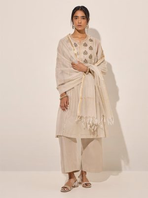 Vark Beige Cotton-Blend A-Line Kurta with inner. Pants and Dupatta Set