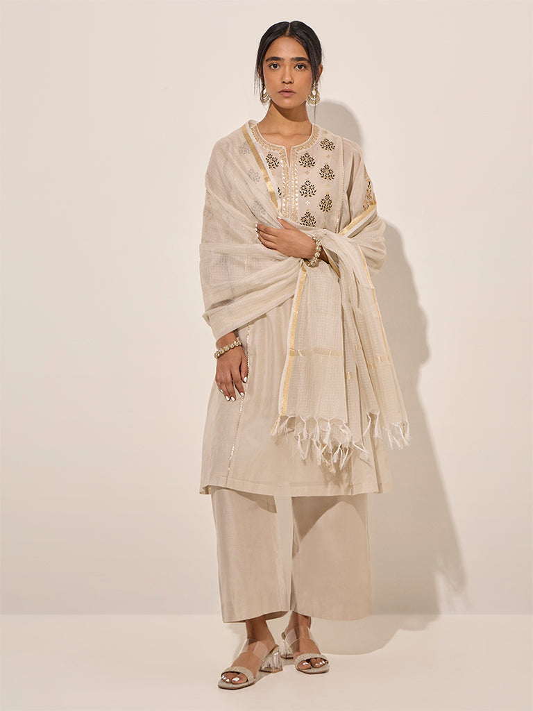 Vark Beige Cotton-Blend A-Line Kurta with inner. Pants and Dupatta Set