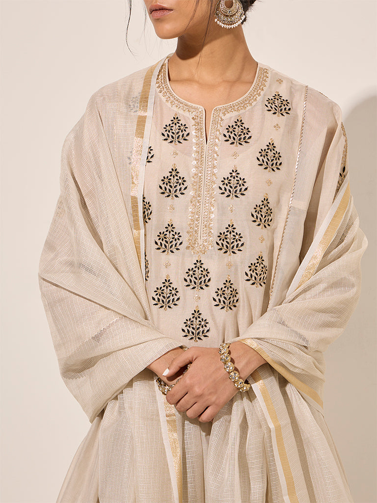 Vark Beige Cotton-Blend A-Line Kurta with inner. Pants and Dupatta Set - Image 2