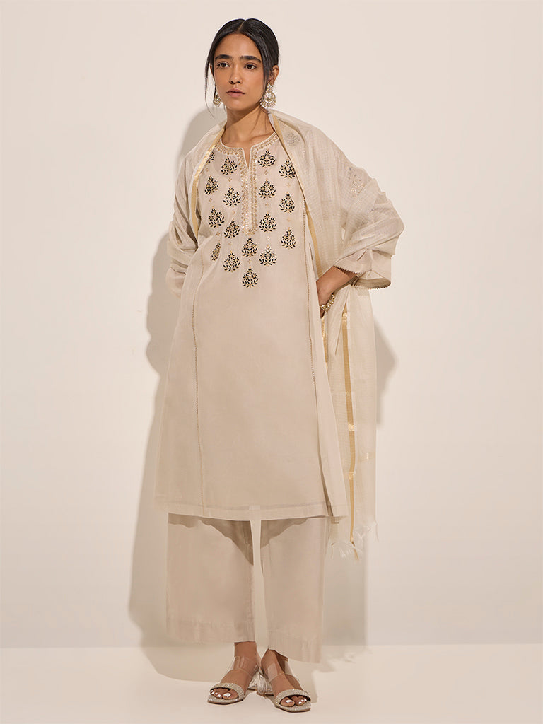 Vark Beige Cotton-Blend A-Line Kurta with inner. Pants and Dupatta Set - Image 3
