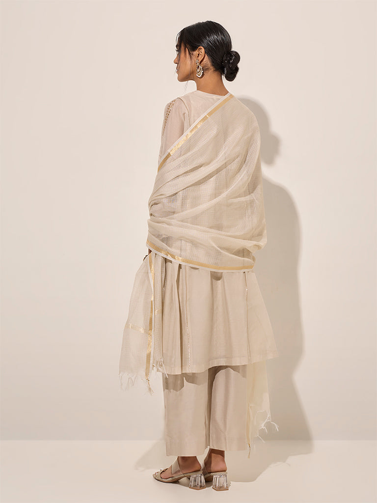 Vark Beige Cotton-Blend A-Line Kurta with inner. Pants and Dupatta Set - Image 4