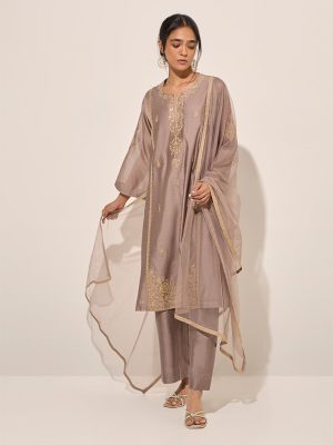 Vark Grey Floral A-Line Kurta. Inner. Pants and Dupatta