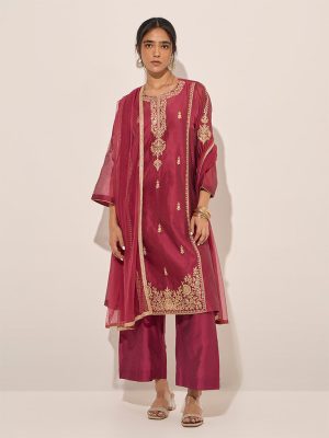 Vark Dark Pink A-Line Kurta. Inner. Pants and Dupatta Set