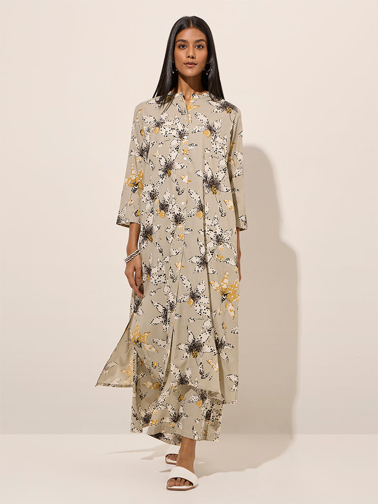 Utsa Grey Floral Printed A-Line Kurta - Image 4