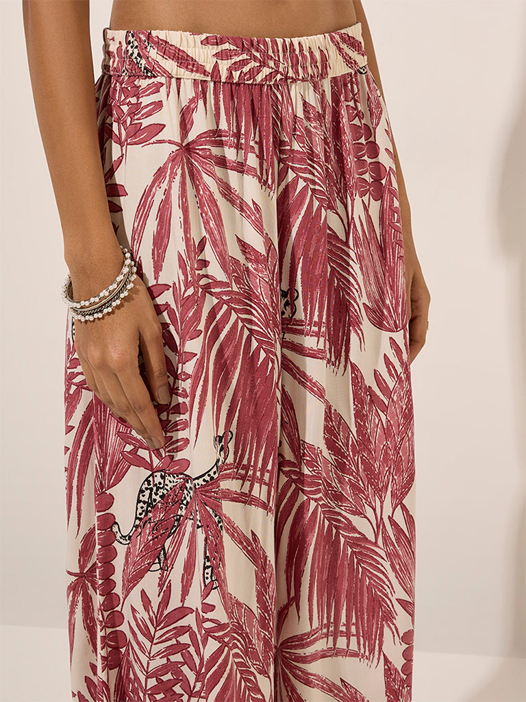 Utsa Dark Pink Tropical Printed Palazzos - Image 4