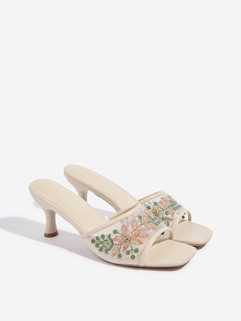 LUNA BLU Ivory Mesh Embroidered Heel Sandals - Image 2