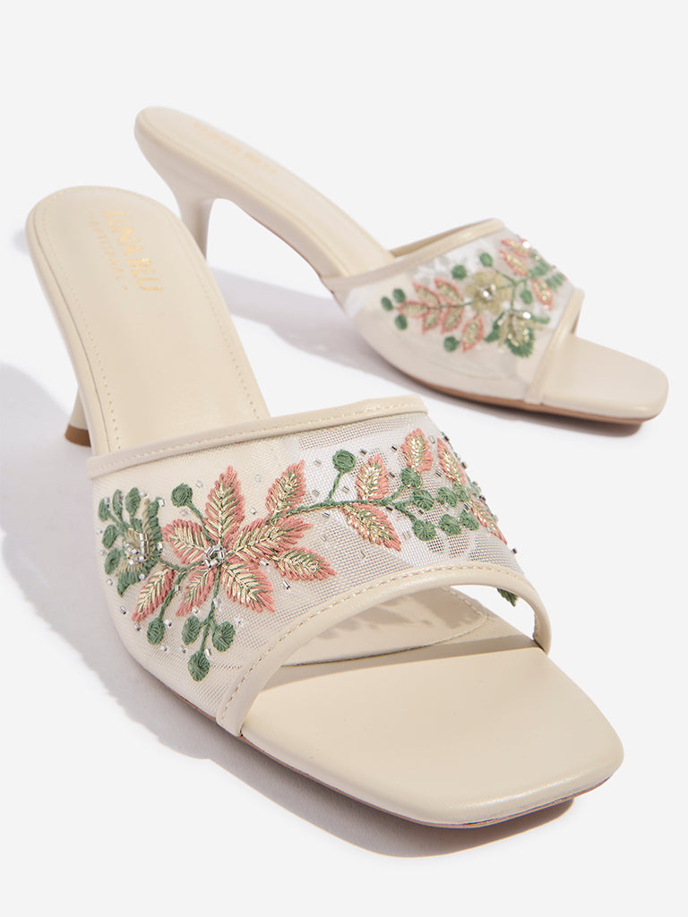 LUNA BLU Ivory Mesh Embroidered Heel Sandals - Image 3