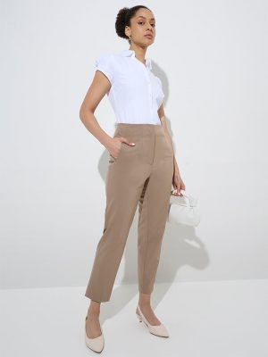 Wardrobe Taupe Solid High-Rise Trousers