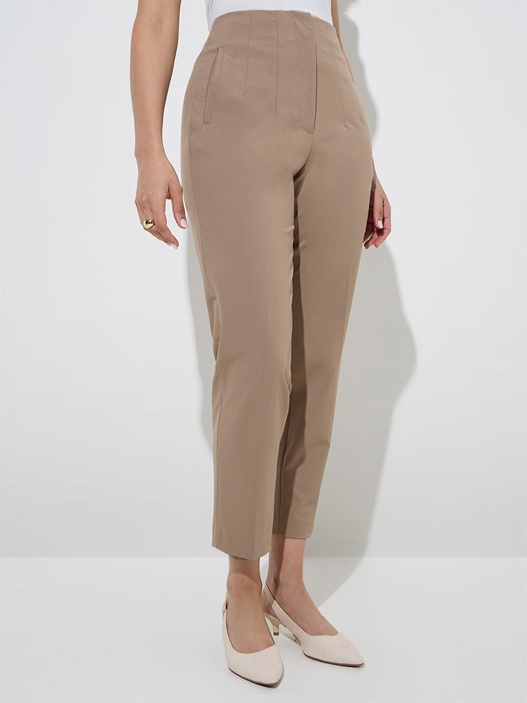 Wardrobe Taupe Solid High-Rise Trousers - Image 3