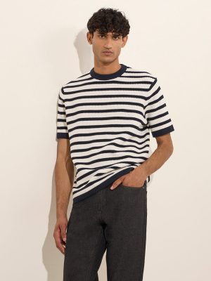 Ascot Navy Striped and Knitted Relaxed-Fit Cotton-Blend T-Shirt