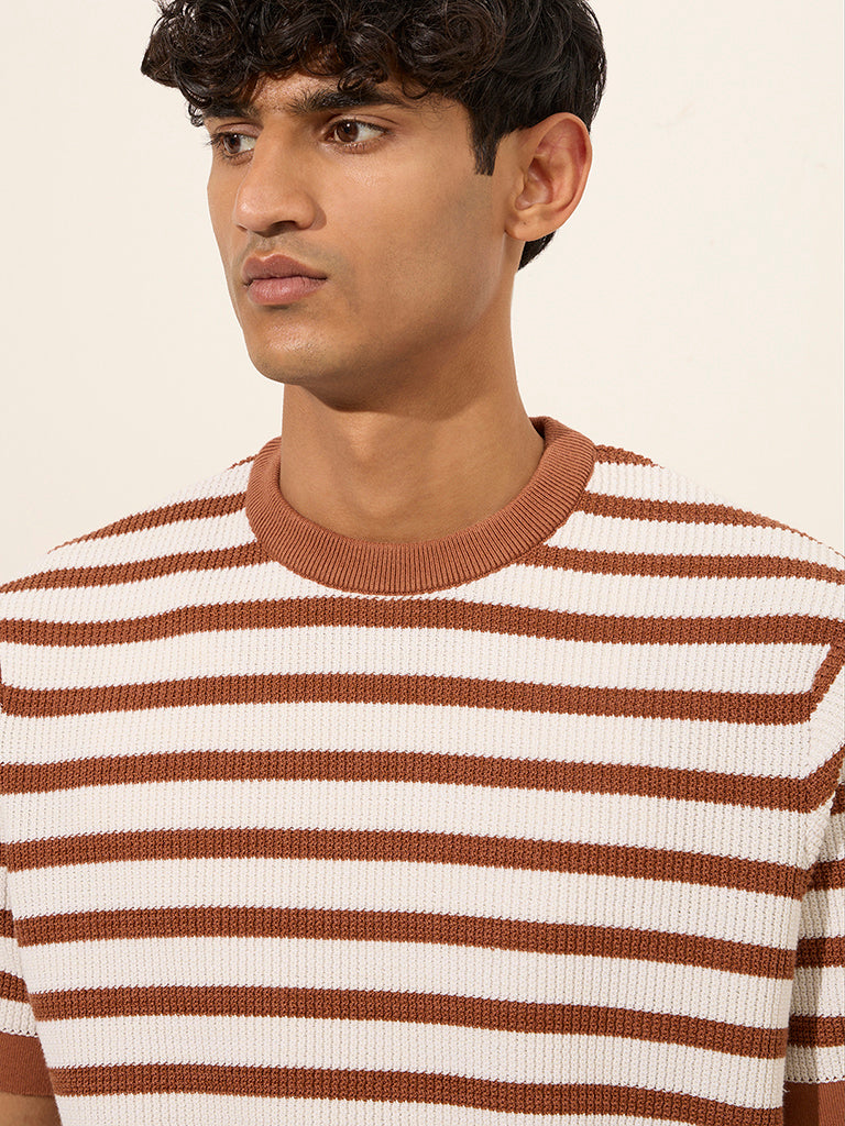 Ascot Rust Striped and Knitted Relaxed-Fit Cotton-Blend T-Shirt - Image 2
