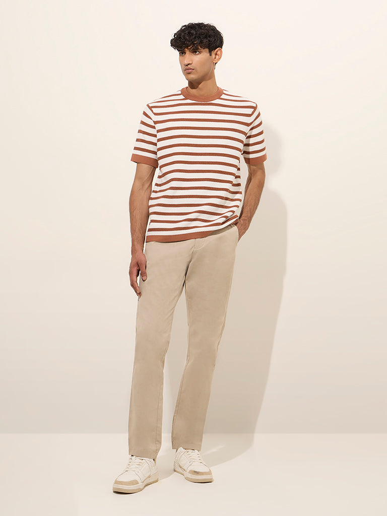 Ascot Rust Striped and Knitted Relaxed-Fit Cotton-Blend T-Shirt - Image 3
