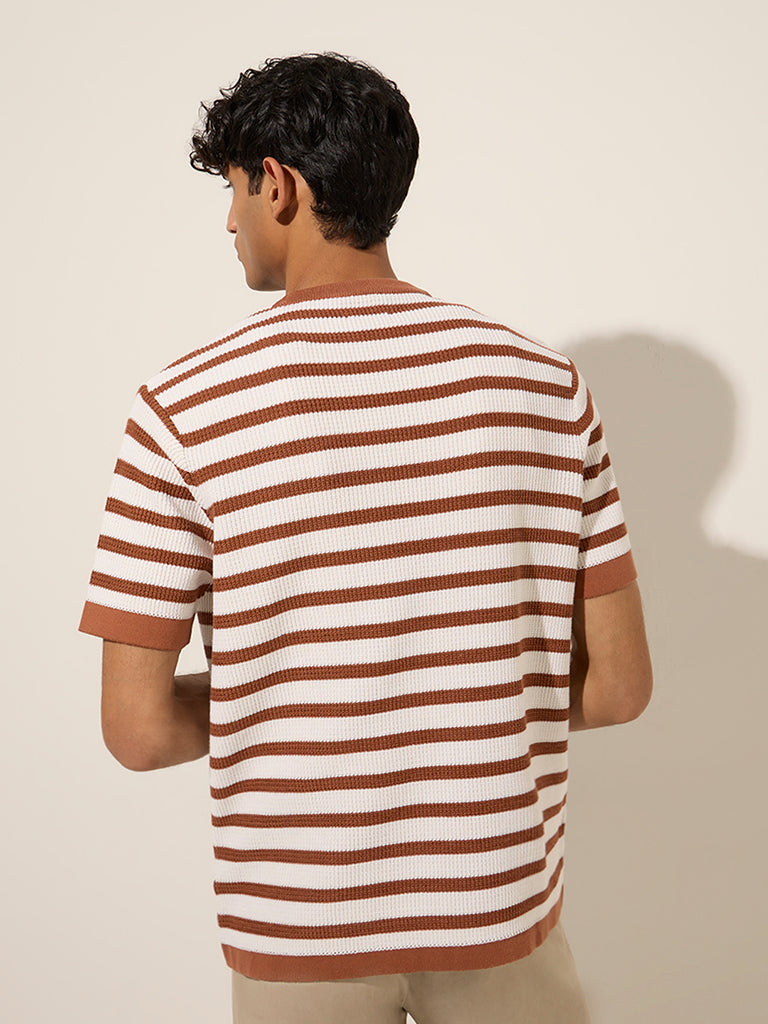 Ascot Rust Striped and Knitted Relaxed-Fit Cotton-Blend T-Shirt - Image 4