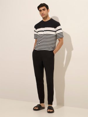 WES Lounge Black Relaxed-Fit Mid Rise Cotton-Blend Joggers