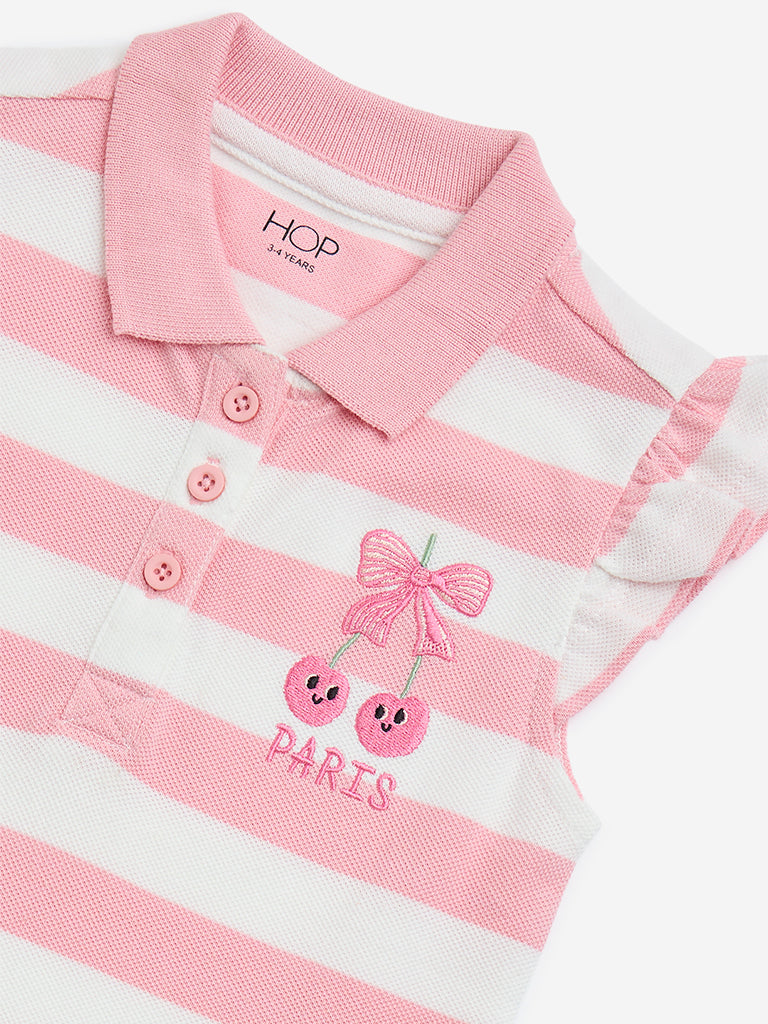 HOP Kids Light Pink Striped Drop-Waist Cotton Dress - Image 3