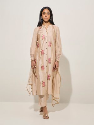 Vark Beige Embroidered A-Line Kurta. Pants and Dupatta Set