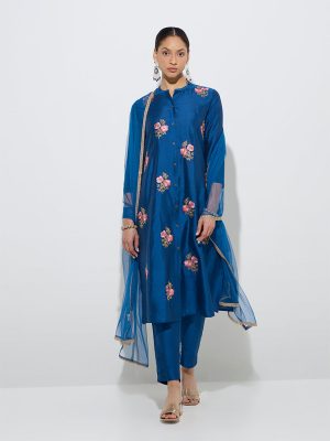 Vark Indigo Floral A-Line Kurta. Pants and Dupatta Set