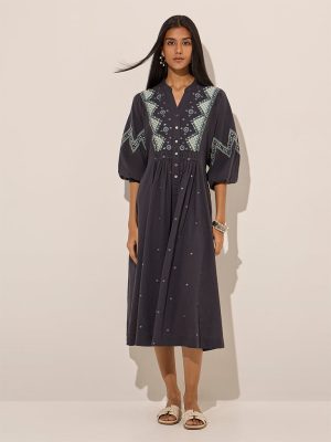 Utsa Charcoal Boho-Themed Cotton A-Line Dress