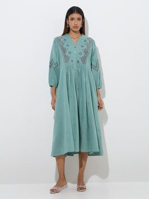 Utsa Sea Green Embroidered Cotton Fit-and-Flare Dress