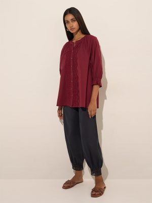 Utsa Black Crochet-Detailed Harem-Style Cotton Pants