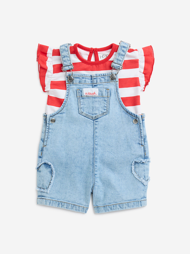 HOP Baby Red Cotton T-Shirt and Dungaree Set