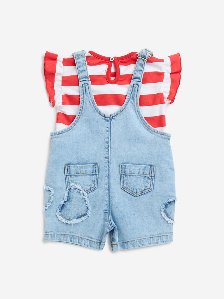 HOP Baby Red Cotton T-Shirt and Dungaree Set - Image 2