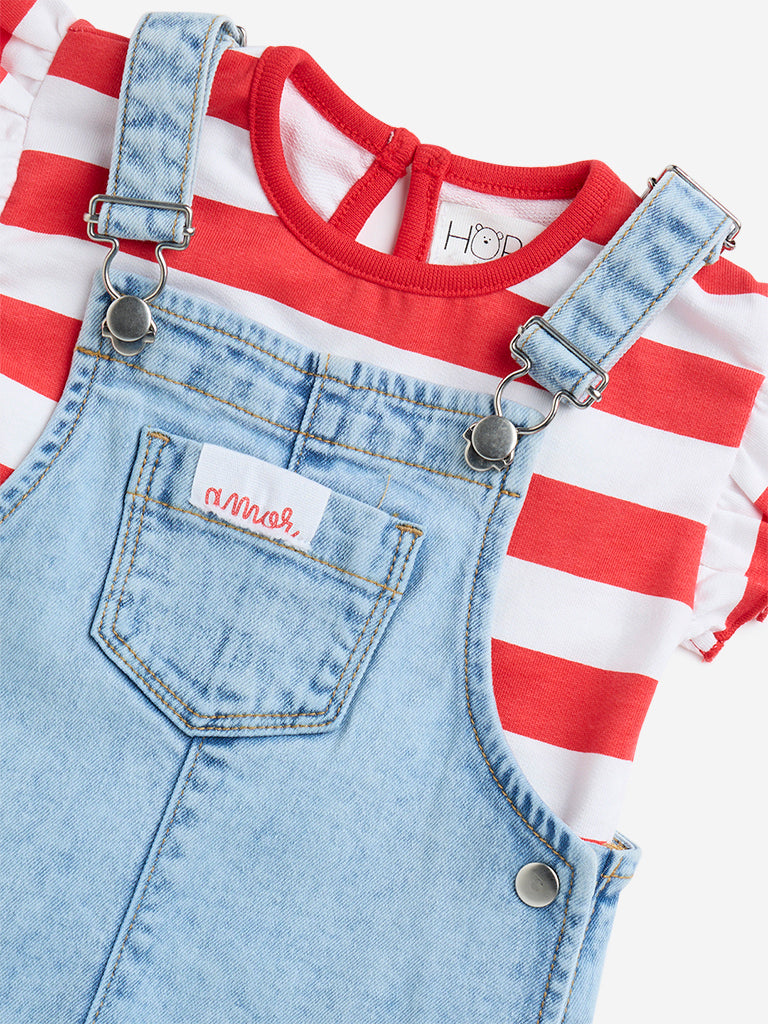 HOP Baby Red Cotton T-Shirt and Dungaree Set - Image 3