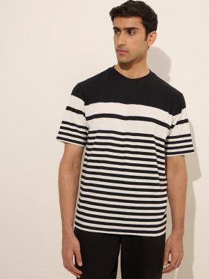 WES Lounge Black Striped Relaxed-Fit Cotton-Blend T-Shirt