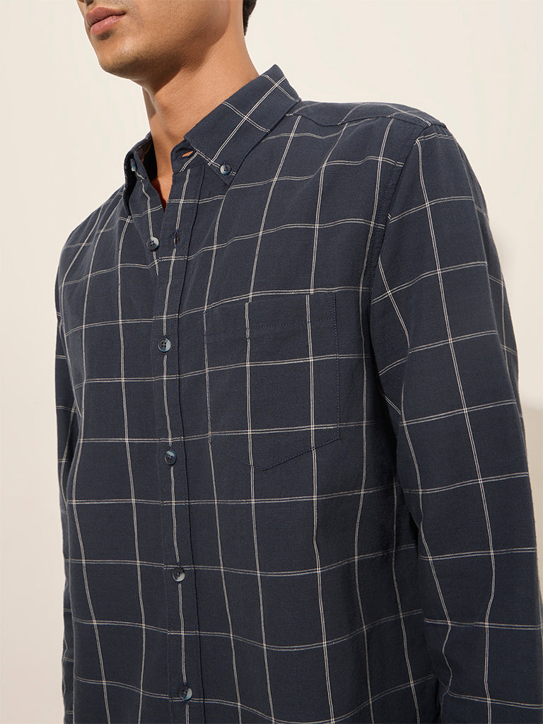 WES Casuals Navy Checkered Relaxed-Fit Cotton Shirt - Image 2