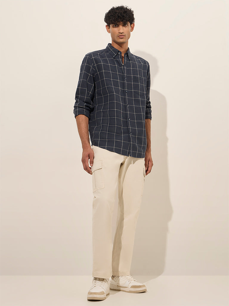 WES Casuals Navy Checkered Relaxed-Fit Cotton Shirt - Image 3