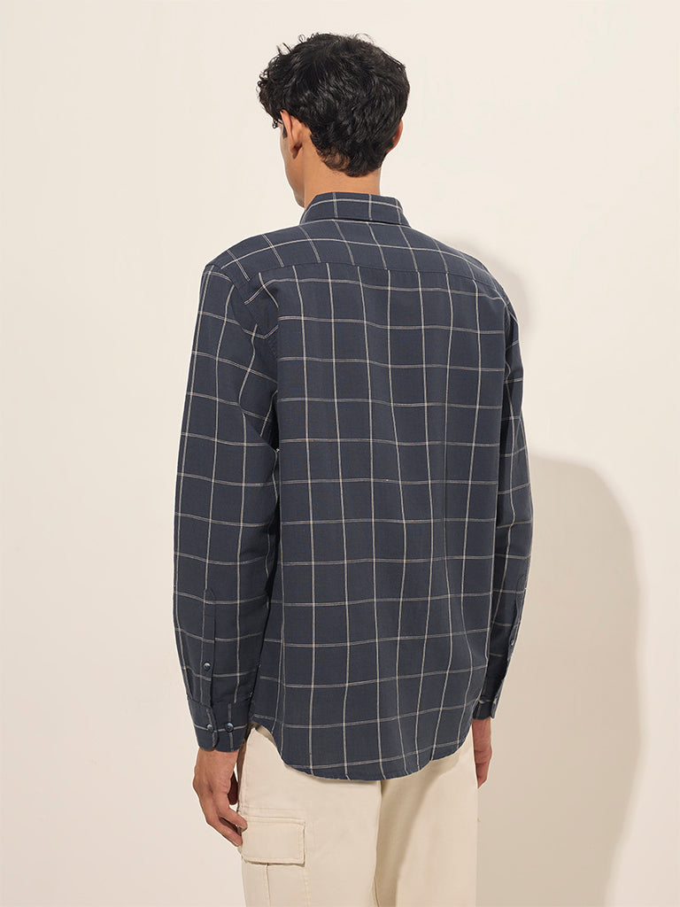 WES Casuals Navy Checkered Relaxed-Fit Cotton Shirt - Image 4