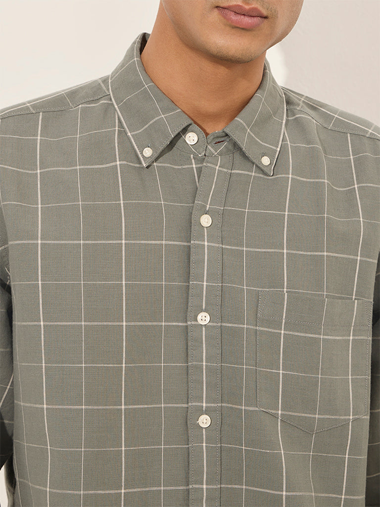 WES Casuals Olive Checkered Relaxed-Fit Cotton Shirt - Image 2