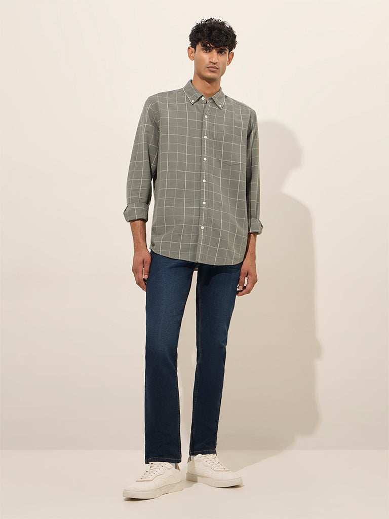 WES Casuals Olive Checkered Relaxed-Fit Cotton Shirt - Image 3