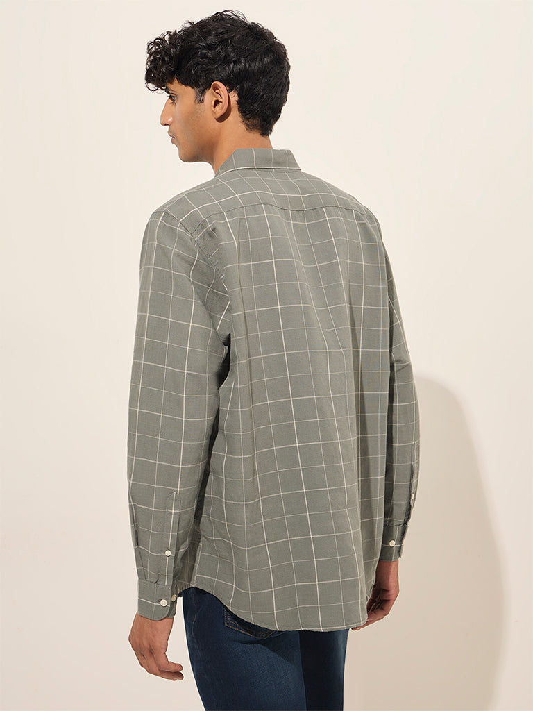 WES Casuals Olive Checkered Relaxed-Fit Cotton Shirt - Image 4