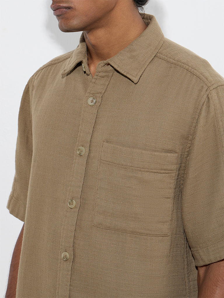 WES Casuals Khaki Solid Relaxed-Fit Cotton Shirt - Image 3
